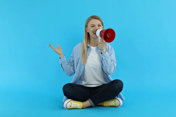 Young Woman Megaphone Blue Background — Stok fotoğraf