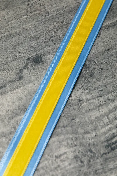 Ribbons Ukrainian Flag Colors Gray Wooden Background —  Fotos de Stock