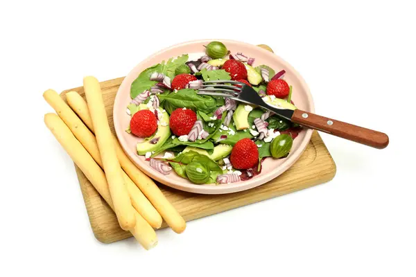 Board Salad Strawberry Grissini Fork Isolated White Background — ストック写真