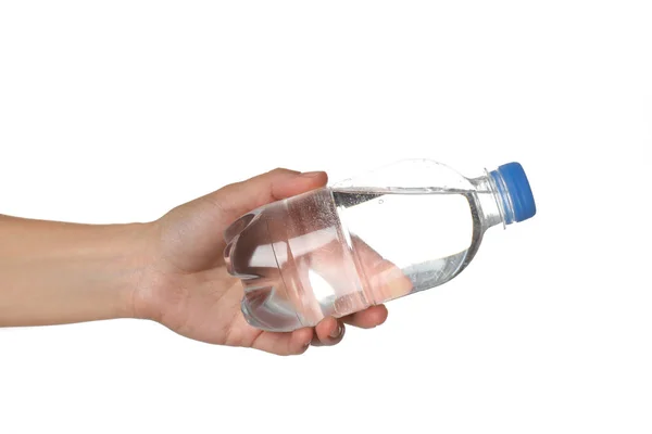 Female Hand Holds Bottle Water Isolated White Background — Fotografia de Stock