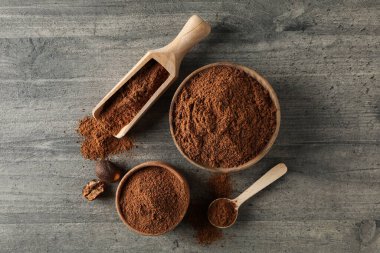 Concept of spices and condiments, nutmegs, top view