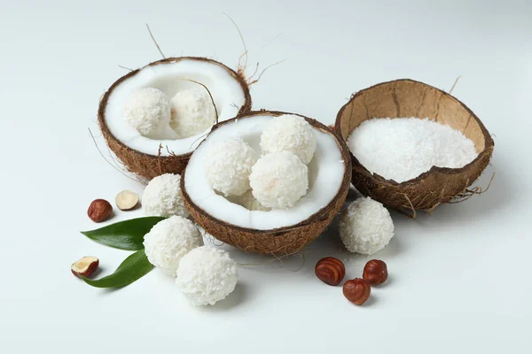 Concept Tasty Sweets White Background Coconut Candies — Photo