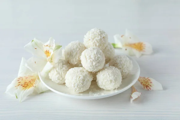 Concept Tasty Sweets White Wooden Table Coconut Candies — Stock fotografie