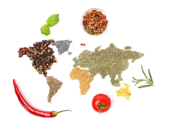 Map World Made Different Kinds Spices Ingredients Isolated White Background — Foto de Stock