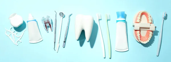 Concept of dental care, tooth care, top view