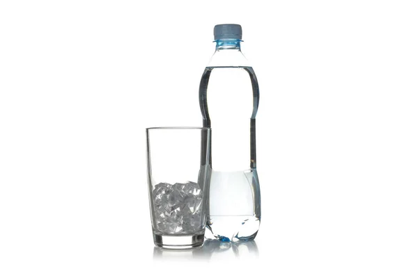 Bottle Water Glass Ice Isolated White Background — Zdjęcie stockowe