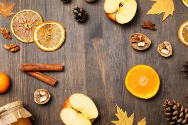 Concept of Autumn, Autumn composition accessories on wooden background
