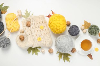 Concept of cozy and relax hobby, knitting, top view