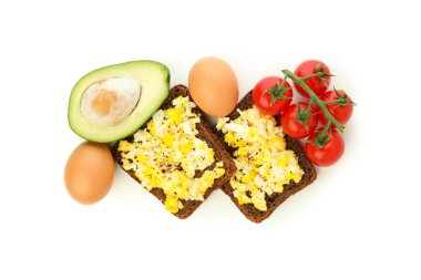 Concept of tasty breakfast, sandwiches with egg, isolated on white background
