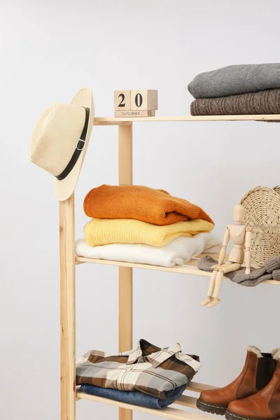 Wooden Shelving Clothes Autumn Season Clothes — 图库照片