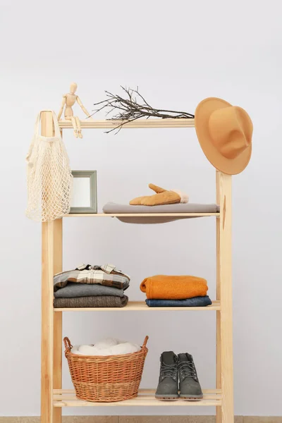 Wooden Shelving Clothes Autumn Season Clothes — Fotografia de Stock