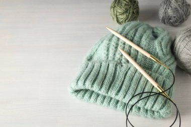 Concept of hobby, knitting, space for text