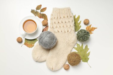 Concept of cozy and relax hobby, knitting, top view