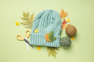 Concept of cozy and relax hobby, knitting, top view