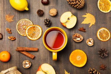 Concept of Autumn, Autumn composition accessories on wooden background