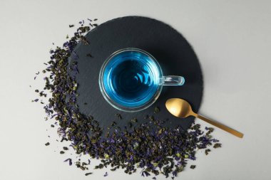 Concept of tasty hot drink, Anchan tea, top view