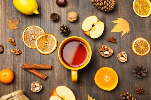 Concept of Autumn, Autumn composition accessories on wooden background