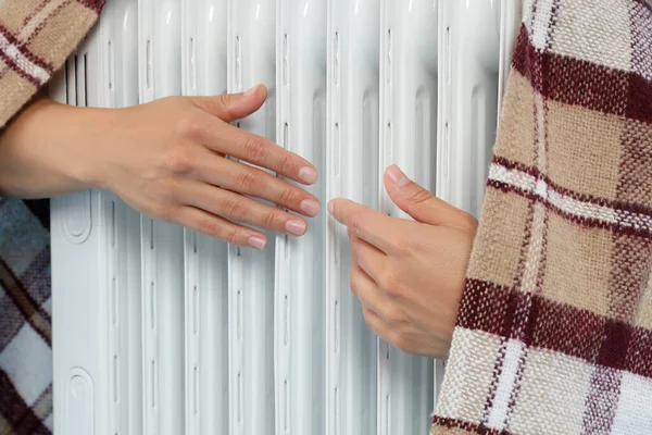 Heating Season Woman Warms Her Hands Heater — 图库照片