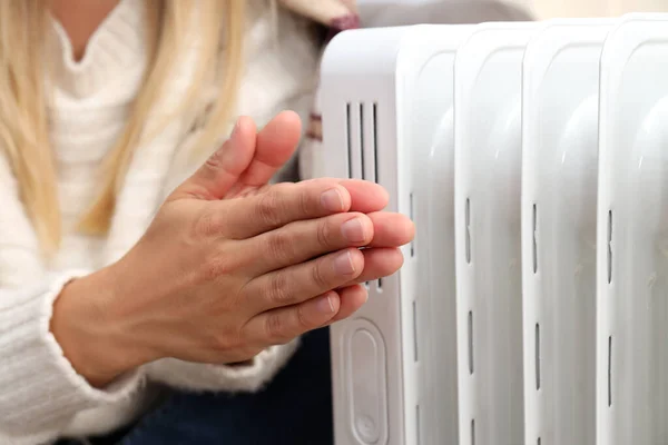 Heating Season Woman Warms Her Hands Heater — Foto Stock