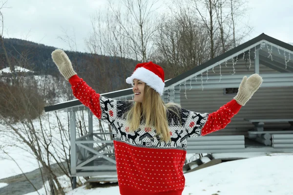 Young Woman Santa Hat Mittens Sweater Outdoor —  Fotos de Stock