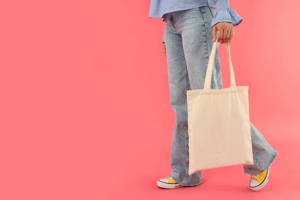 Young Woman Blank Cotton Bag Pink Background — Fotografia de Stock