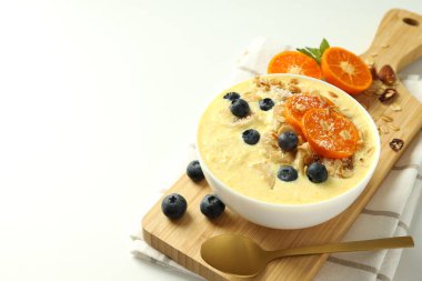 Concept of delicious food with smoothie with different ingredients, space for text