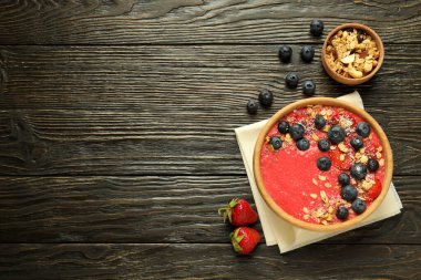Concept of delicious food with smoothie with different ingredients, space for text