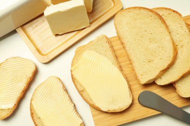 Concept of breakfast, eat food with butter, top view