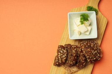 Concept of breakfast, eat food with butter, space for text