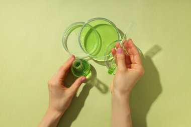 Concept of science and research with laboratory accessories, top view