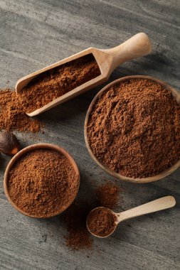 Concept of spices and condiments, nutmegs, top view