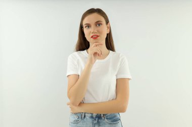 Concept of people, young woman on light background