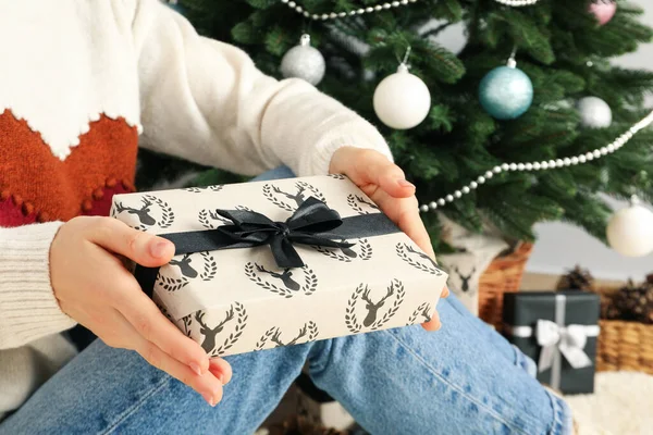 Concept Christmas Happy New Year Woman Holding Gift Box — Photo