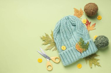 Concept of hobby, knitting, space for text