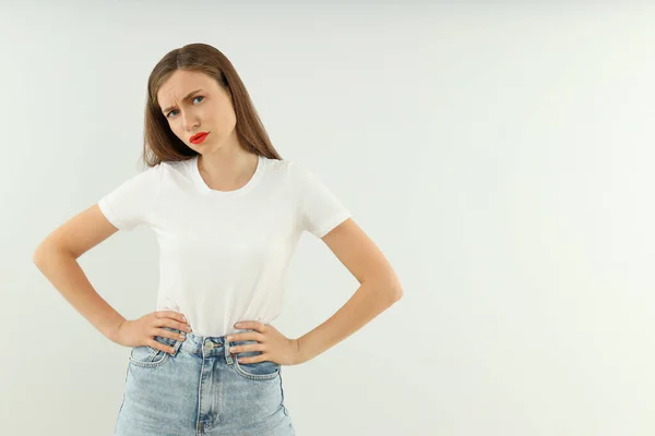 Concept of people, young woman on light background