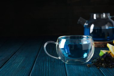 Concept of tasty hot drink, Anchan tea, space for text