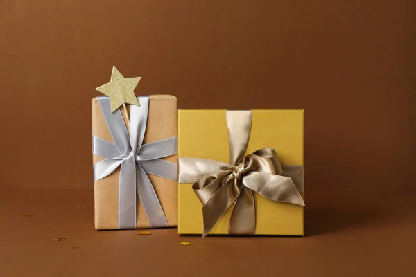 Concept Gift Gift Boxes Brown Background — стоковое фото