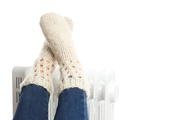 Female Legs Knitted Socks Electric Heater Isolated White Background — Zdjęcie stockowe