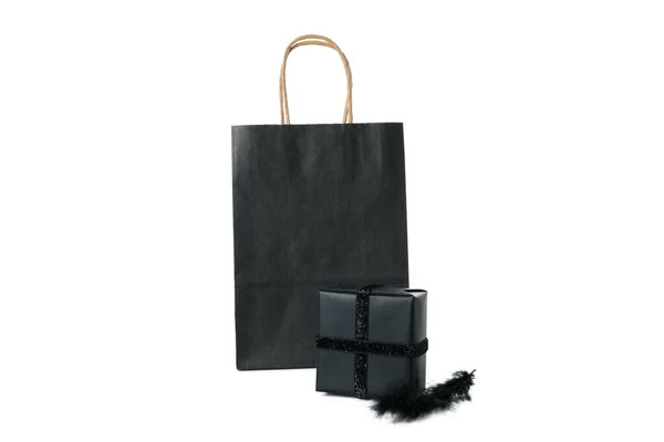 Koncepcja Sprzedaży Black Friday Czarny Worek Pudełko Pióro Izolowane Białym — Zdjęcie stockowe