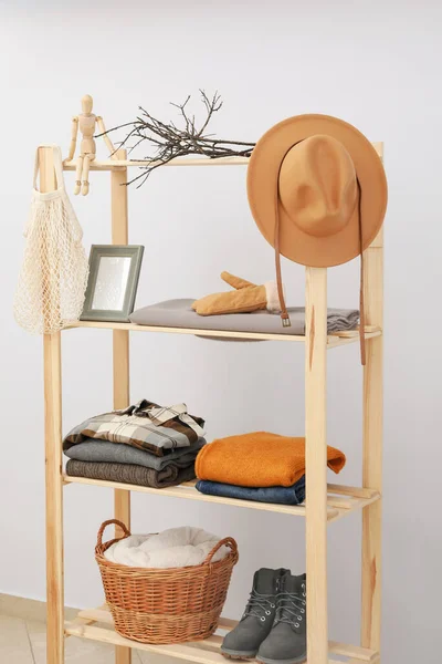 Wooden Shelving Clothes Concept Autumn Season Clothes — Stockfoto