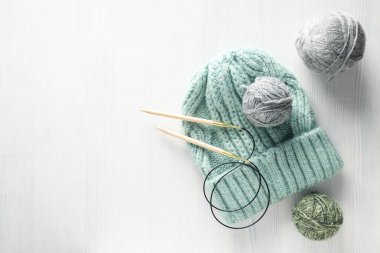 Concept of hobby, knitting, space for text
