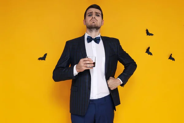 Concept Halloween Young Man Yellow Background — Stock Photo, Image