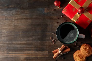 Concept of Christmas and Happy New Year, Christmas coffee, space for text