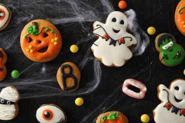 Concept of Halloween sweets, funny sweets, top view