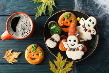 Concept of Halloween sweets, funny sweets, top view