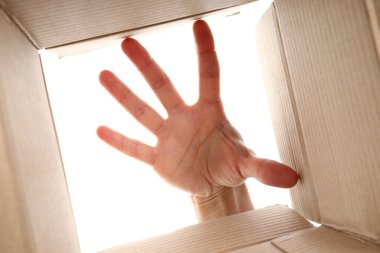 Teslimat kavramı, sürpriz, hediye, kadın eli ve karton kutu, beyaz arka planda izole.