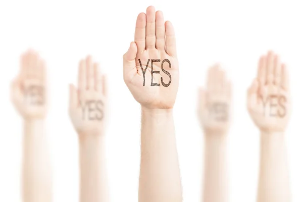 Hands raised to the sky and saying Yes. — Stock Photo, Image