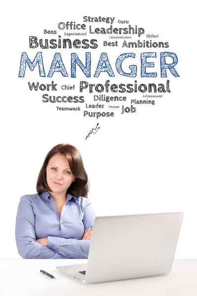 Donna manager è seduto di fronte a un computer portatile sotto emozione di lavoro — Foto Stock