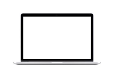 Beyaz bir ekran ile modern bir dizüstü bilgisayar doğrudan önden görünümü