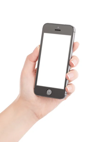空白の s の現代黒いモバイル スマート フォンを持っている女性の手 — ストック写真